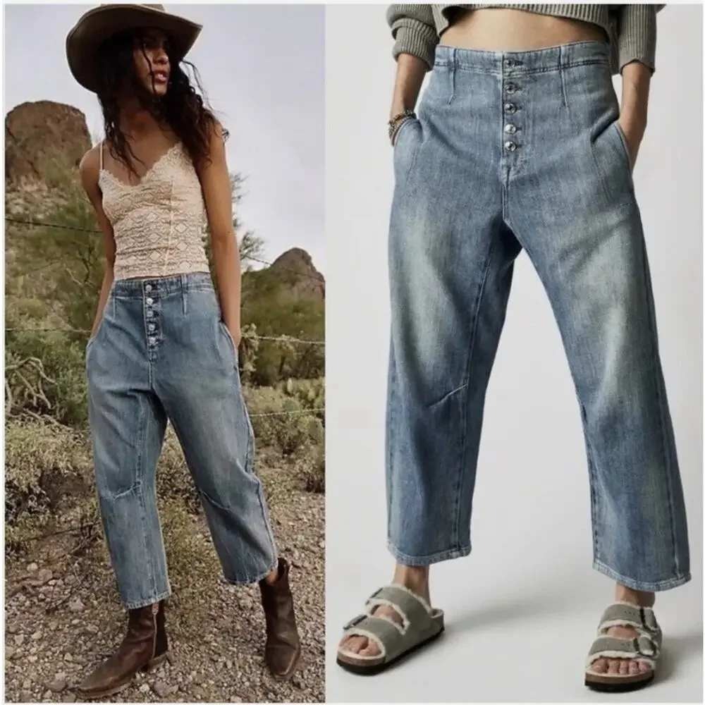 WE THE FREE X FREE PEOPLE OSAKA MID RISE BARREL Boho Artisan Light Wash Blue 25 - Picture 2 of 12